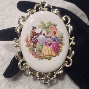 Vintage Fragonard Style Courting Couple Oval Brooch Gold Tone Filigree Frame